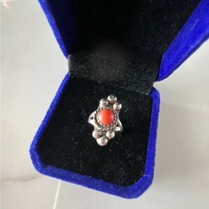 Vintage Sterling Silver Navajo Red Coral Shadowbox ring size 3